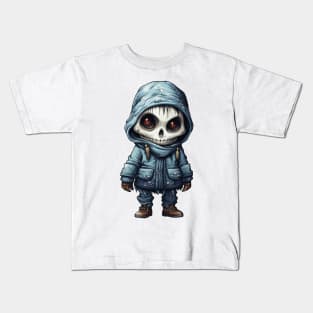 The figure of a ghoulish skull girl in a mask, wearing a cloak, perfect for Halloween, covered with snow ! Kids T-Shirt